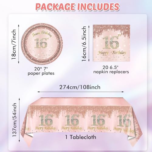 Sweet 16 Birthday Party Decorations Set, Rose Gold Plates and Napkins Kit