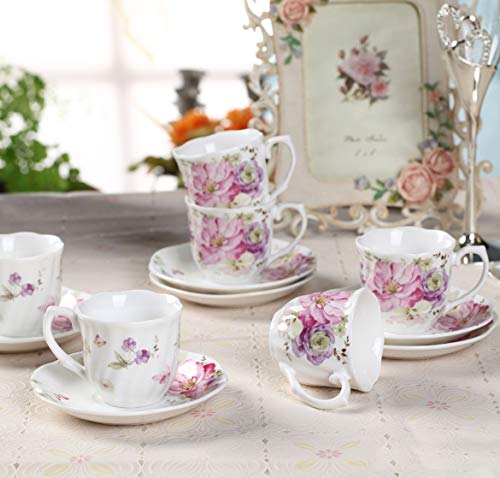 Pink GuangYang 2.8oz Mini Espresso Cups & Saucers Set of 6, Tiny Porcelain Coffee Set