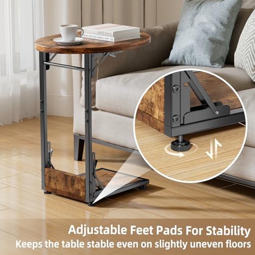 2-Tier C-Shaped Folding Side Table, Compact Metal & Wood Sofa End Table
