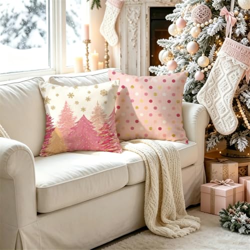 MODOVOS 18x18 Inch Pink Christmas Tree Wreath Pillow Covers Set of 4
