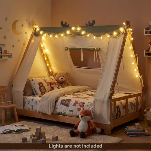 Twin House Floor Bed for Kids with Canopy, Fence Rails & Wood Slat Support