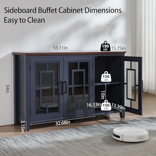 55-Inch Farmhouse Sideboard Buffet Cabinet with 3 Glass Doors, Navy Blue