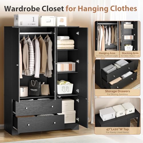 4-Door Freestanding Wardrobe Closet with Mirror, Drawers and Hanging Rods
