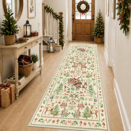Rugalia Christmas Runner Rug 2.7x8 Beige Santa Claus Washable Hallway Rug