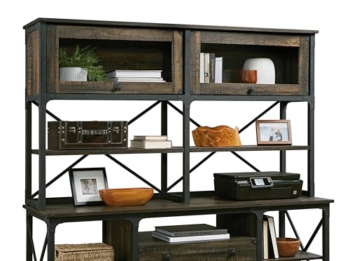 Industrial Office Hutch with Glass Doors and Adjustable Shelves, Carbon Oak