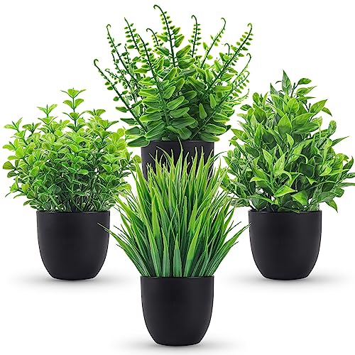 Small Artificial Plants in Black Pots (4 Pack) - Realistic Faux Greenery