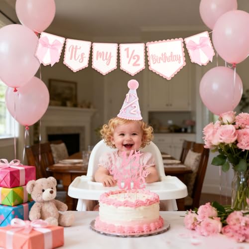 Half Birthday Decoration Set for Baby Girl - Banner, Crown & Cake Topper