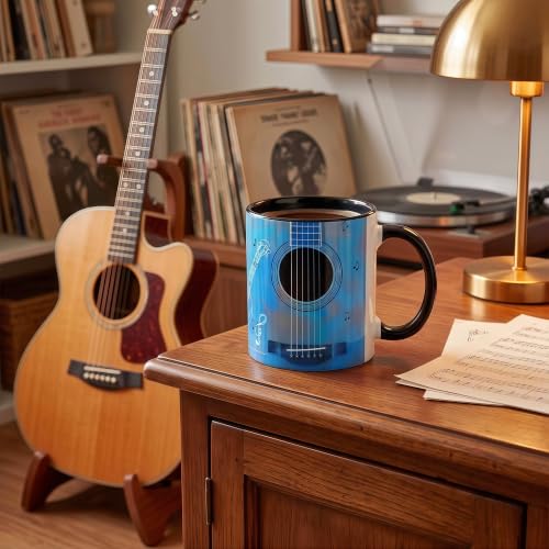 Guitar Coffee Mug 11.5 oz - Blue Pattern Ceramic Cup for Musicians & Teachers