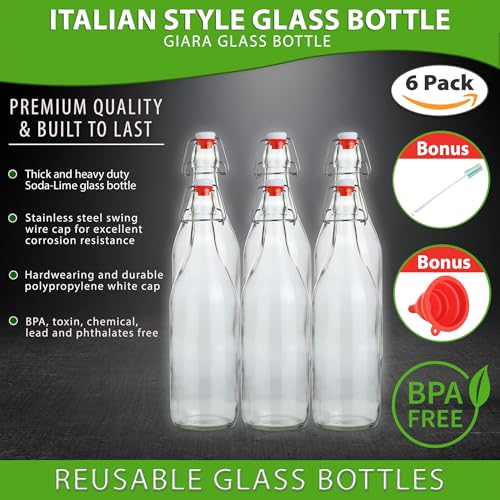 Flip Top Glass Bottles 1 Liter Swing Stopper Pack of 6