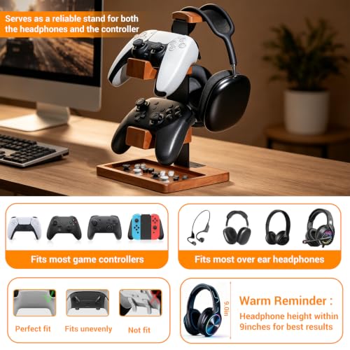 Solid Wood Gaming Controller and Headset Stand with Accessory Tray