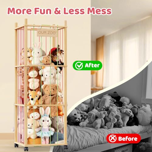 Large Stuffed Animal Storage Zoo with Wooden Base and Rolling Casters