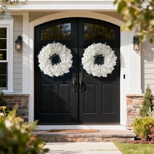 21-Inch Artificial Hydrangea Flower Wreath for Front Door Decor (White)