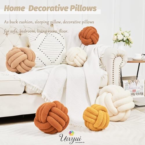 Soft Handmade Knot Pillow - Round Plush Boucle Cushion (8.6" Ivory)
