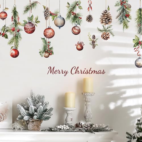 Christmas Wall Decals 9 - Winter Pine Cones & Colorful Balls Removable Vinyl
