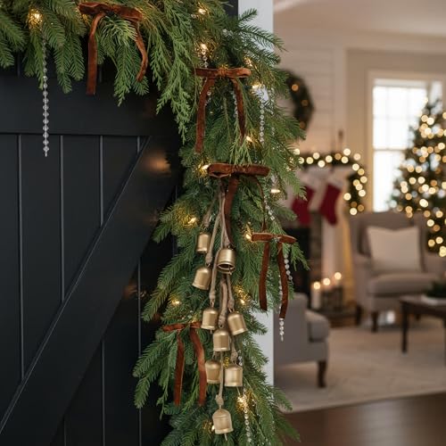 Rustic Gold Christmas Bell Ornaments Set with Velvet Bows - Holiday Decor