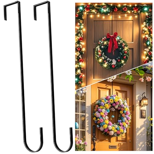 Black 15-Inch Wreath Hangers for Front Door, 2 Pack Over-the-Door Hooks - Halloween Christmas Easter Decor