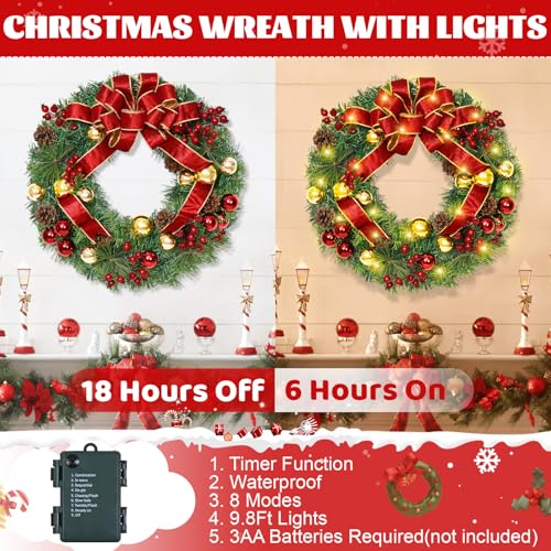 Elyum 16 Inch Christmas Wreath with Lights – 2 Pack Front Door Decor Balls Berries Pine Cones