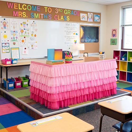 6ft Pink Ruffled Tulle Table Skirt for Rectangle Tables