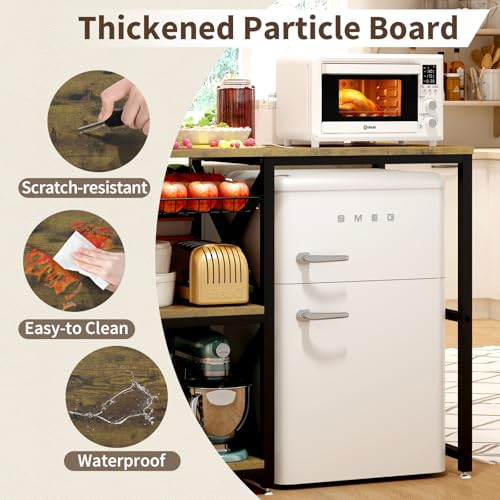 Mini Fridge Stand with Power Outlets and Adjustable Shelves, Brown