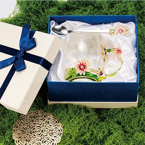 AISVELDY Gold and Green Daisy Flower Glass Coffee Mug with Spoon - Elegant Gift for Her, Mom, Grandma, Wife, Friends