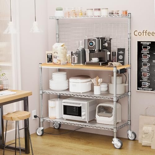 4-Tier Bakers Rack with Power Outlet, Kitchen Microwave Stand on Wheels