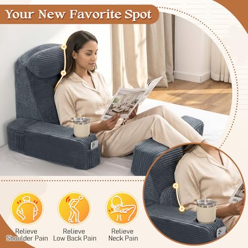 Adjustable Backrest Pillow with Cup Holder & Phone Pocket