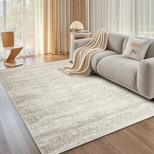 Washable 5x7 Vintage Area Rug - Soft Non-Slip Low Pile Faux Wool Carpet