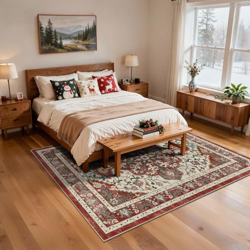 Red Christmas Area Rug 5x7 5' x 7' Boho Washable Non-Slip Floral Vintage Carpet (U'Artlines)