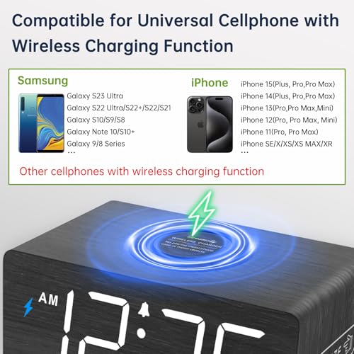 Wooden Digital Alarm Clock with Wireless Charging Station & USB Port