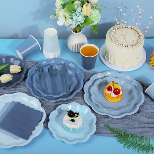 AimFun Dusty Blue Scalloped Plates & Napkins Party Set for 24 Guests (168 pcs)