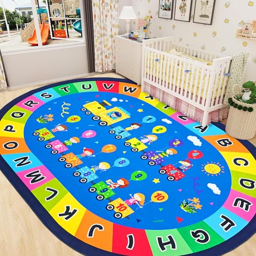 Large Oval Kids Alphabet Rug 6.5' x 10' - Educational Non-Slip Playroom Mat