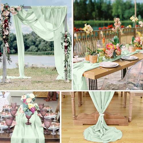 VZZNN 10 Pack Sage Green Chiffon Table Runners - 120 x 12 inches, Wedding & Party Decor