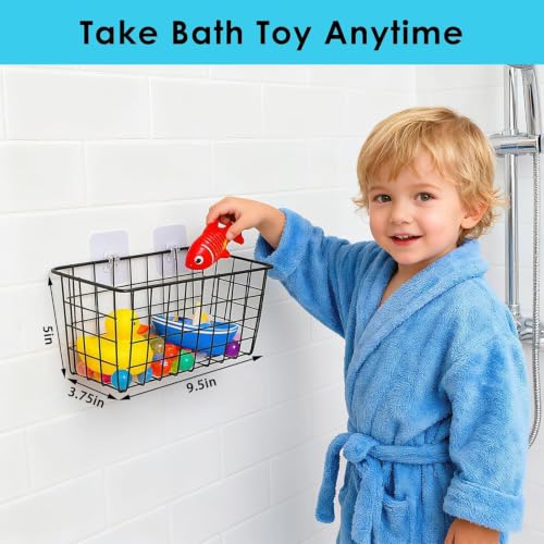 Hanging Metal Bath Toy Storage Basket with Adhesive Hooks - 2 Pack