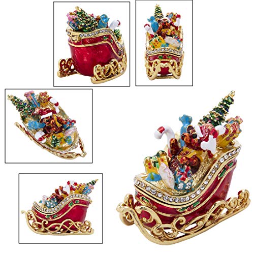 YU FENG Christmas Sleigh Trinket Box with Hinged Enamel & Crystals, 3.5 inch Holiday Decor
