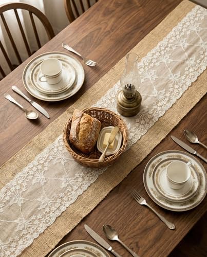 Ephyrosa 79" Burlap Table Runner with Lace – Rustic Farmhouse Decor