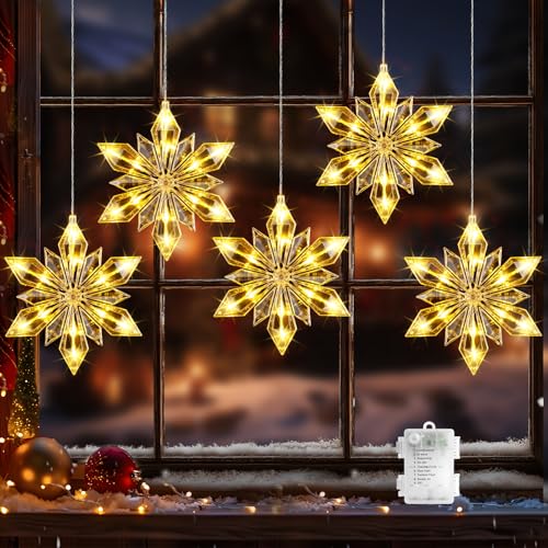 Marchpower 5-Pack 60LED Snowflake Window Lights (Warm White) – Large 9.25in Snowflakes, 3.3ft Lead, 8 Modes