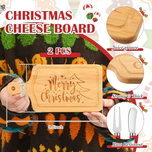 Christmas Cheese Board and Knife Set - Square Mini Wooden Serving Tray with Holiday Design - 2 Pack