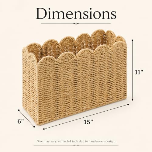 Tall Narrow Magazine Holder, Handwoven Scalloped Paper Rope Basket