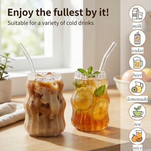 4-Pack Ribbed Glass Tumblers with Straws, 16oz Aesthetic Iced Coffee Cups