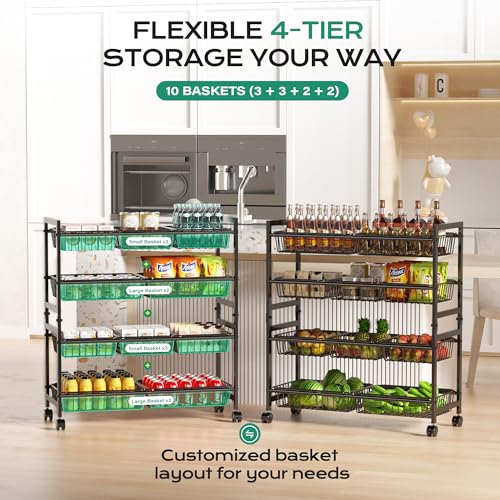 4-Tier Rolling Snack Cart with 10 Removable Baskets, Metal Pantry Organizer