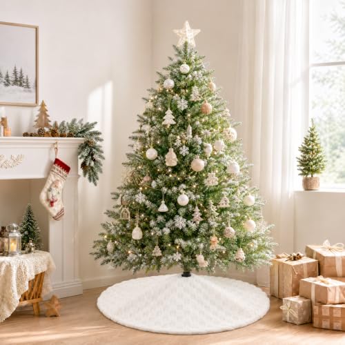 Fanqisi Beige 48 Inch Christmas Tree Skirt Faux Fur Plaid Plush