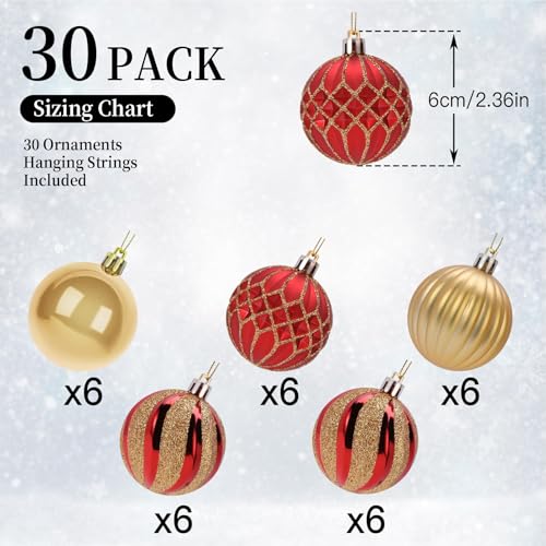 Christmas Tree Ornaments Set - 30 Red & Gold Shatterproof Balls 60mm