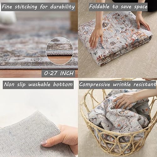 4x6 Washable Area Rug - Gray Vintage Floral Non-Slip Thin Floor Carpet