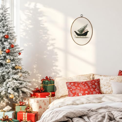 OINDADE Vintage Winter Holiday Christmas Sleigh Oval Wall Art – Tree Variation