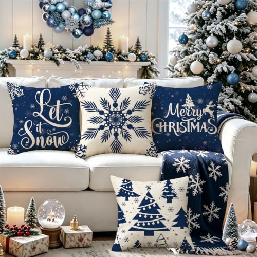 Blue Snowflake Christmas Pillow Covers 20x20 Inch Set of 4 - Holiday Decor