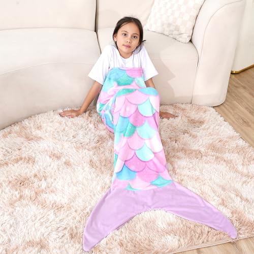 Kids Mermaid Tail Blanket - Soft Plush Flannel Wearable Blanket for Girls