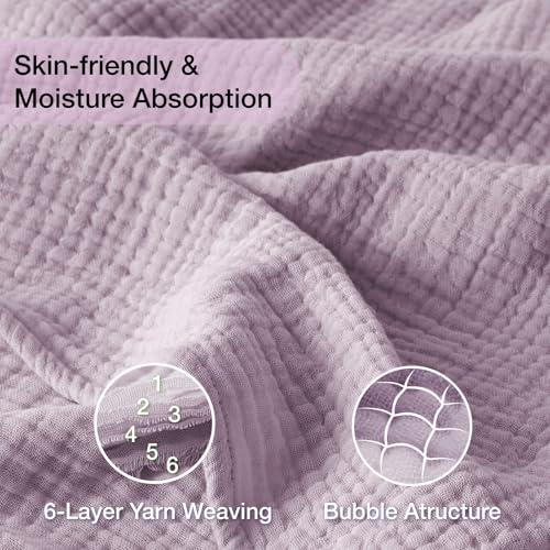 100% Cotton Muslin Throw Blanket - 50" x 70", Breathable 6-Layer Design, Soft & Lightweight Quilt for All Seasons - Lavender