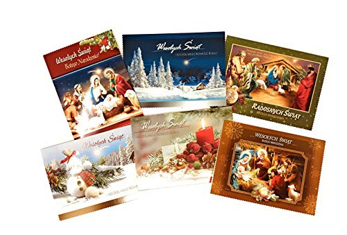 Polish Christmas Greeting Cards Set of 6 - 6.5 x 4.7 inches with Glitter, Religious & Holiday Theme