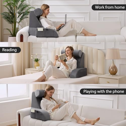 19" Reading Pillow with Back Support and Side Pockets - Grey