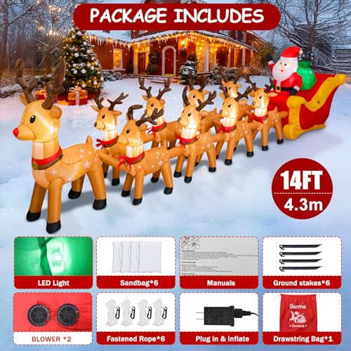 Garma 14ft Christmas Inflatable with 8 Reindeer & Santa Sleigh - Built-in LED Outdoor Decor